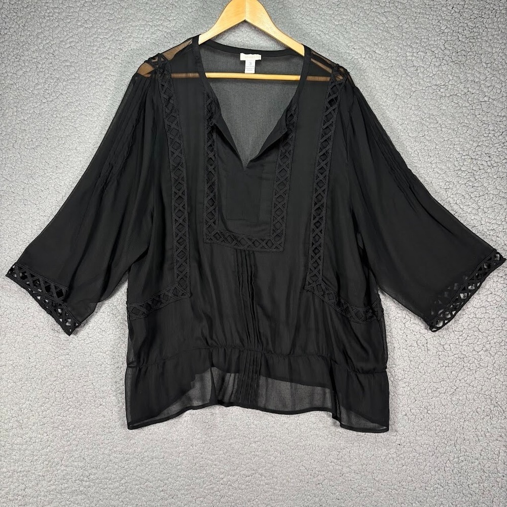 CHICO'S Embroidered Peasant Top Black 3/4 Sleeve 3 XL Sheer Eyelet Hippie Fairy‎